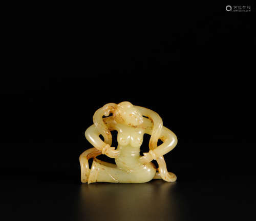 HeTian Yellow Jade in Human Statue from Tang唐代和田黄玉飛天侍女