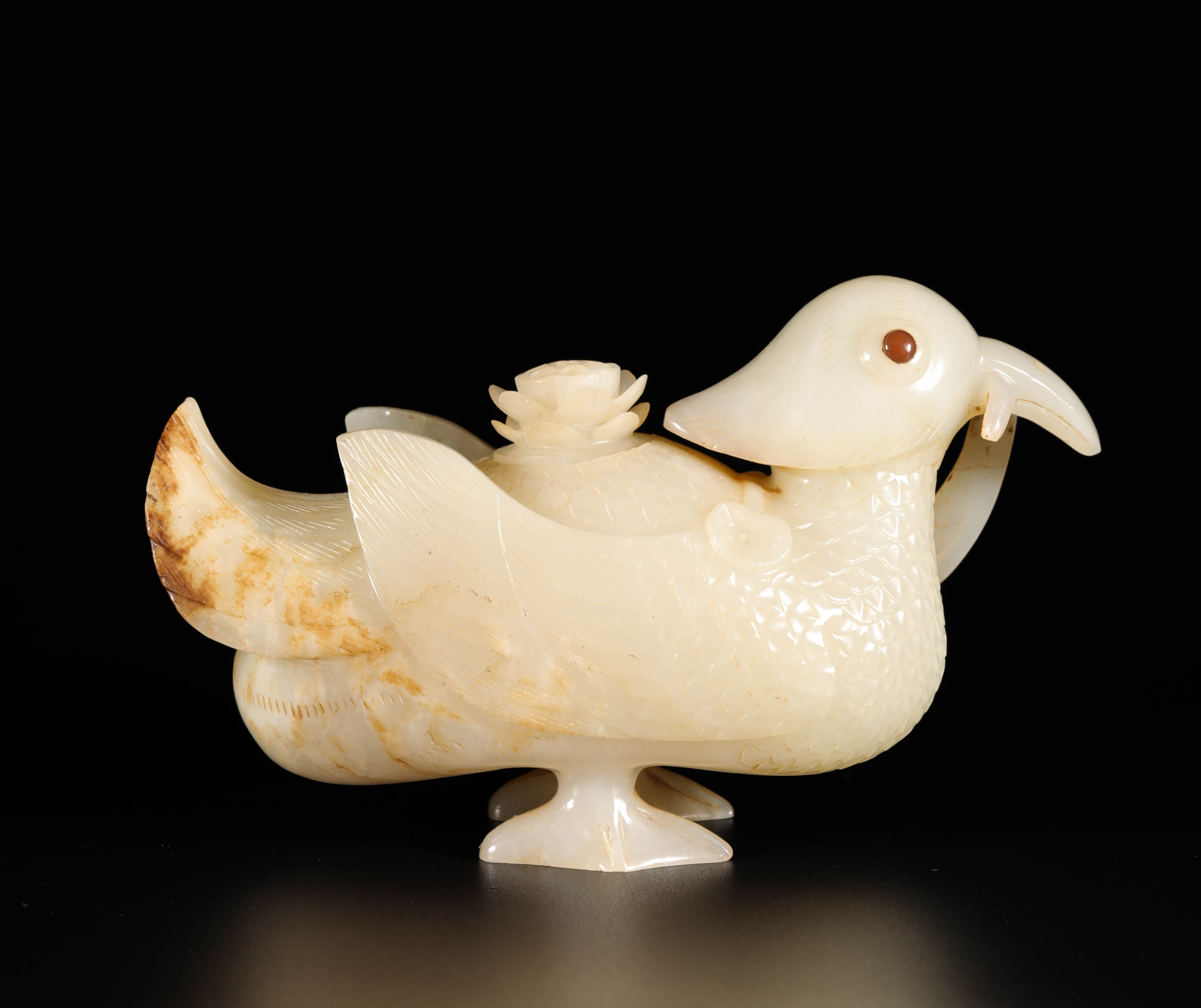 hetian jade ornament in mandarin duck form from tang唐代和田玉