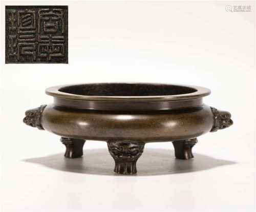 Copper and Three Footed Censer from Ming明代銅質雙獸耳三足香爐