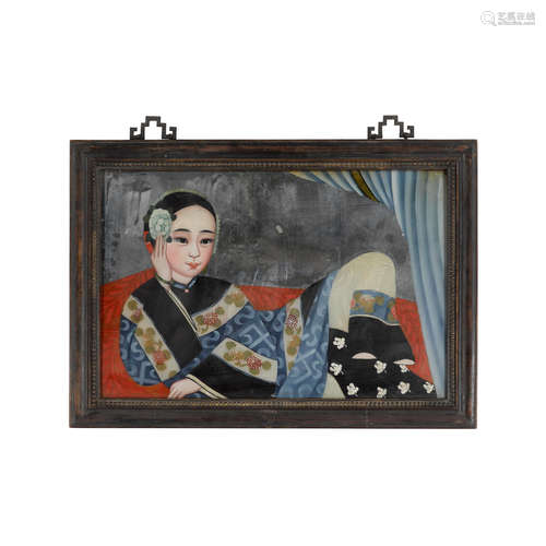 A reverse glass mirror painting of a Court Lady in a Blue Robe 19th century