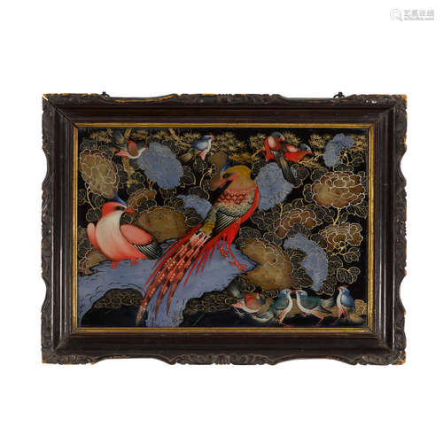 A reverse painting on glass of Pheasants & Other Birds 19th century