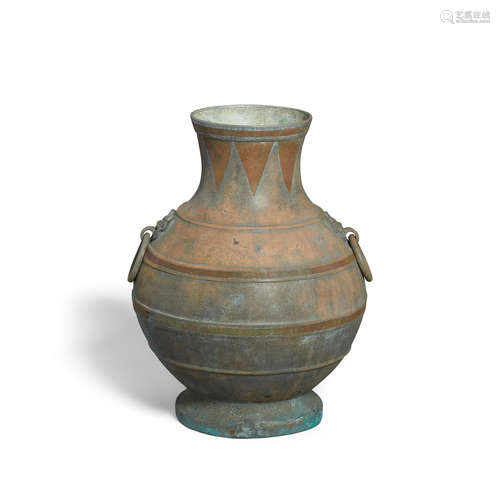 An archaic copper-inlaid bronze baluster vessel, hu Western Han dynasty