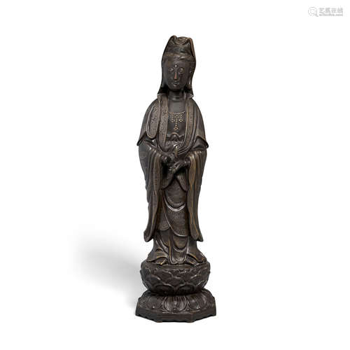 A silver inlay bronze figure of a standing guanyin Shisou mark