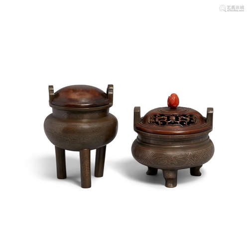 Two archaistic silver-inlaid bronze tripod censers Qing dynasty