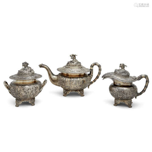 A three piece Chinese export silver tea service 19th century