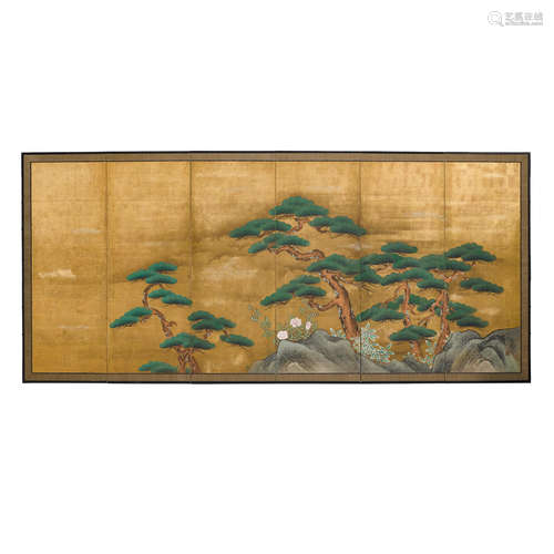 Pine trees and flowers Edo period (1651-1868) or early Meiji era (1868-1912)