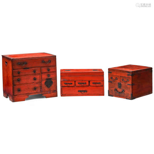 Three negoro lacquer storage chests Taisho (1912-1926) era, or Showa (1926-1989) era