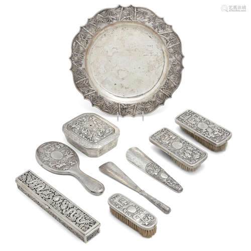 An assembled Chinese export silver toiletry set 19th century