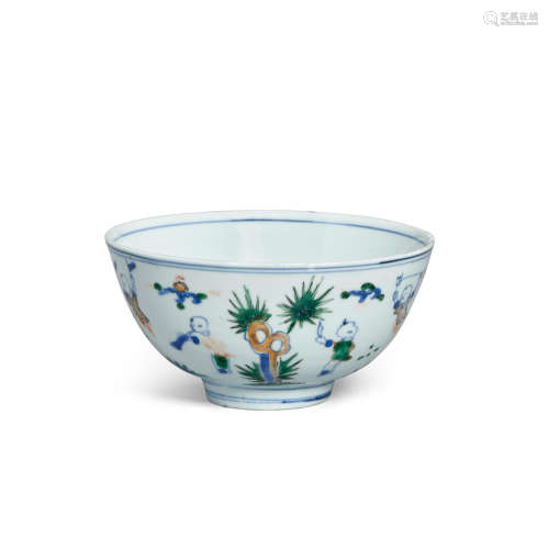 An enameled and blue and white 'boys' bowl Chenghua mark, Wanli period(1573-1619)