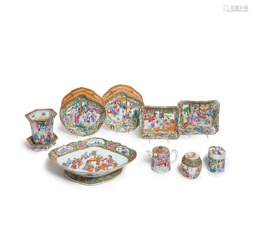 An assembled ten piece canton famille rose enamelled dinner service 19th century