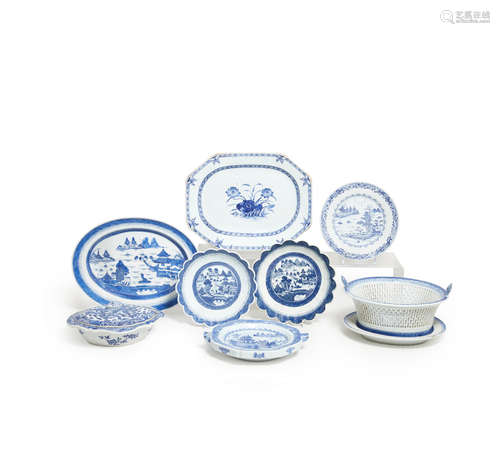 An assembled group of chinese blue and white serving dishes together with two export plates 19th century