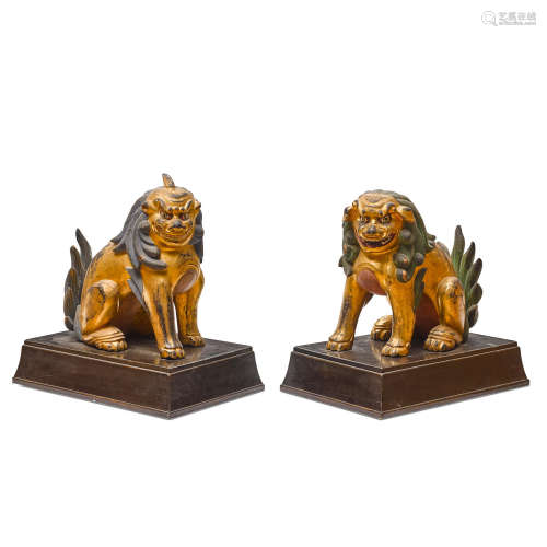 Two gilt wood lion dogs on stands, karashishi Taisho (1912-1926) era, or Showa (1926-1989) era