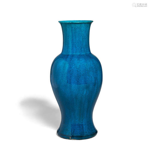 An incised deep-turquoise-blue-glazed baluster vase Kangxi mark, late Qing Dynasty