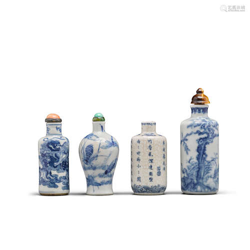 Four blue and white porcelain snuff bottles Jingdezhen kilns, 1830-1930