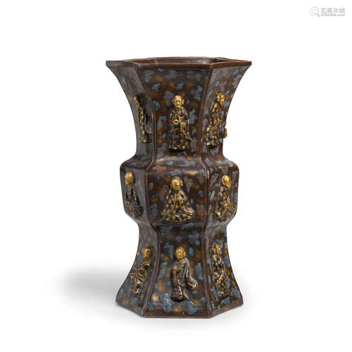 a faux bronze enameled hexagonal vase Republic period