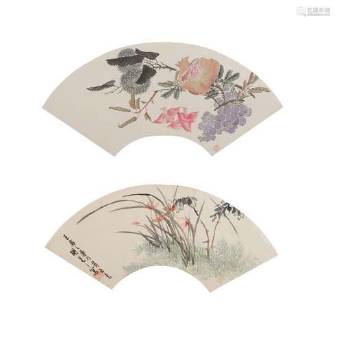 Hu Juezhi (19th century, late Qing) and Others Calligraphy and three fan paintings of Flowers, Birds, and Plants