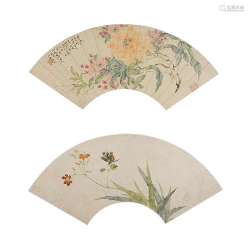 Attributed to Ju Lian (1828-1904) and Others Four fan paintings of Flowers