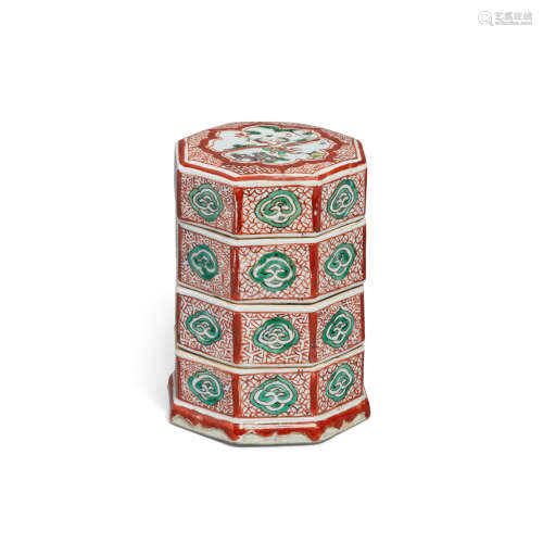 An enameled and iron-red three-tier octagonal box and cover Ming dynasty, Tianqi/Chongzhen (1621-1644)
