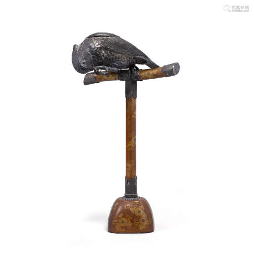 A silvered copper model a parrot on stand Meiji era (1868-1912)