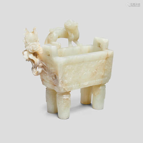 A carved jade square-form censer 17th/18th century