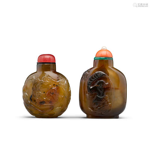 Two carved chalcedony snuff bottles 1850-1920