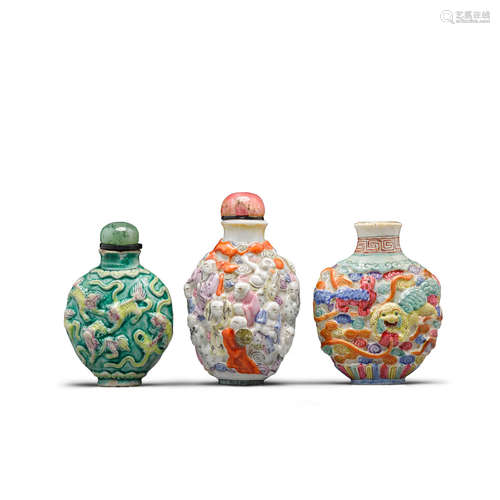 Three molded and enameled porcelain snuff bottles Jingdezhen kilns, 1830-1900