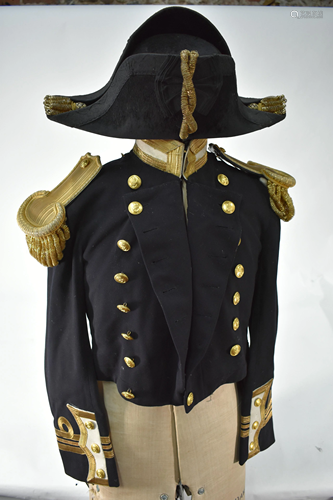 A Naval Officer's cocked hat, tail-coat and epaulettes