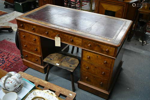 A Victorian burr walnut pedestal desk