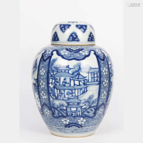 A Blue and White Flower and Figure Porcelain Tea Jar