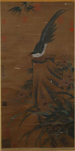 A Chinese Bird-and-flower Silk Scroll, Huangquan Mark