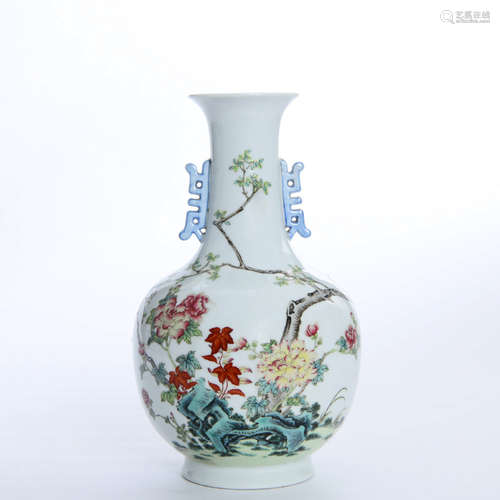 A Famille Rose Flower Porcelain Double-eared Vase