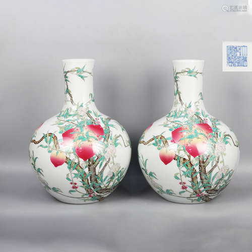 A Pair of Famille Rose Peach Porcelain Tianqiuping