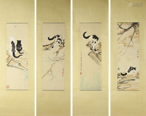 Four Pieces of Chinese Cat Paintings, Xu Beihong Mark