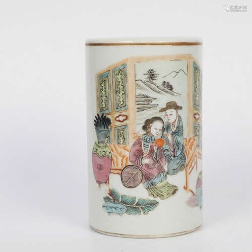 A Famille Rose Figure Porcelain Brush Pot