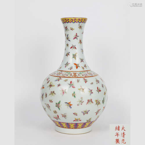 A Famille Rose Butterfly Porcelain Pear Shaped Vase