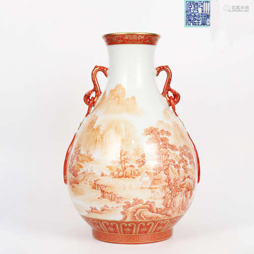 An Iron Red Landscape Porcelain Double-eared Zun