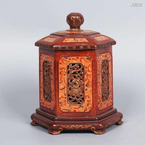 A Wood Grain Hollowed-out Dragon Porcelain Hexagonal Incense Burner