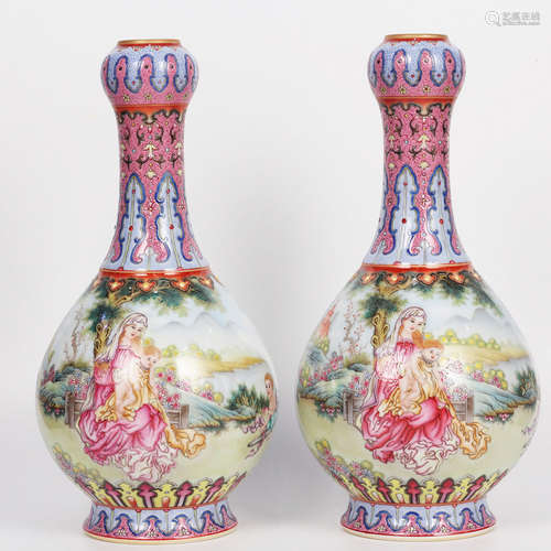 A Pair of Red Ground Figure Porcelain Vases