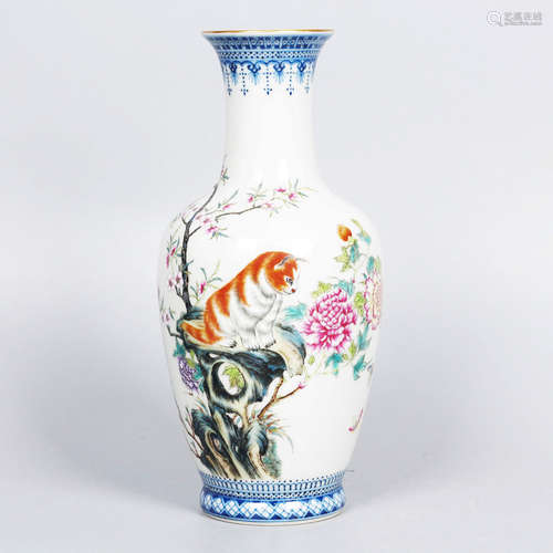 A Famille Rose Cat Porcelain Vase