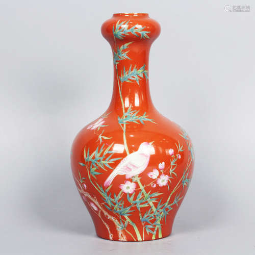 A Coral Red Ground Bird and Flower Porcelain Vase