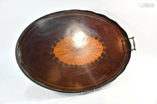 An oval Victorian satinwood inlaid mahogany serving