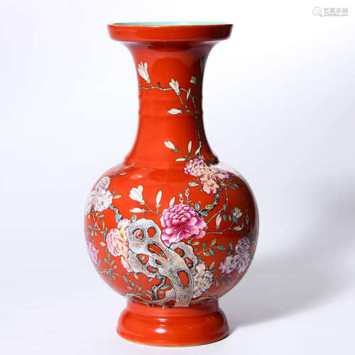 A Coral Red Ground Famille Rose Flower Porcelain Vase