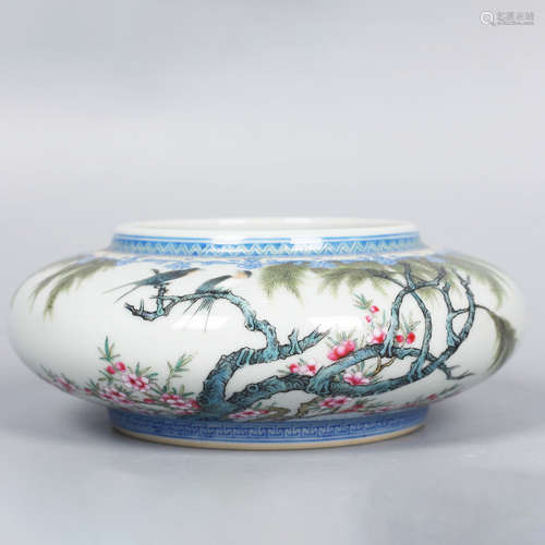 A Bird and Flower Porcelain Brush Washer