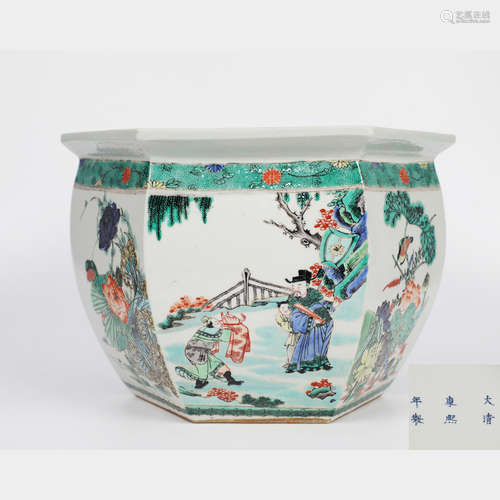 A Colored Flower and Figure Porcelain Hexagonal Vat