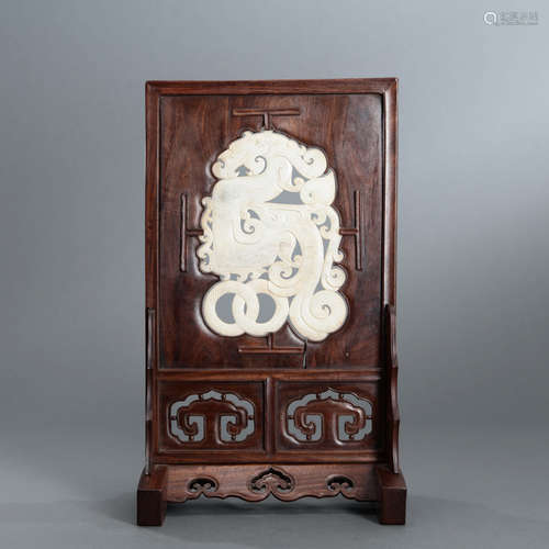 A Red Sandalwood Jade-inlaid Screen