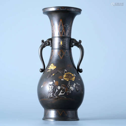 19世纪 金工镶嵌花鸟纹象耳花瓶