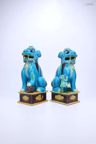 pair of chinese sacrificial blue glazed porcelain lions