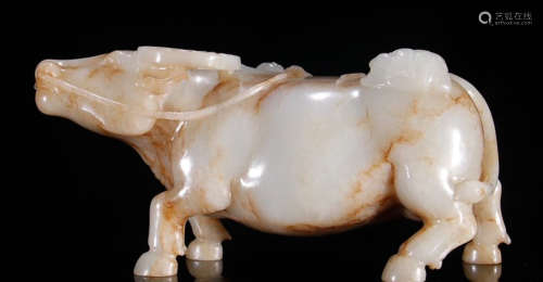 A HETIAN JADE CARVED KID&COW SHAPED PENDANT