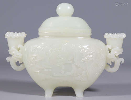 A HETIAN JADE CARVED DOUBLE EAR CENSER