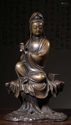 A COPPER WITH SILVER CASTED GUANYIN BUDDHA SHAPE STATUE